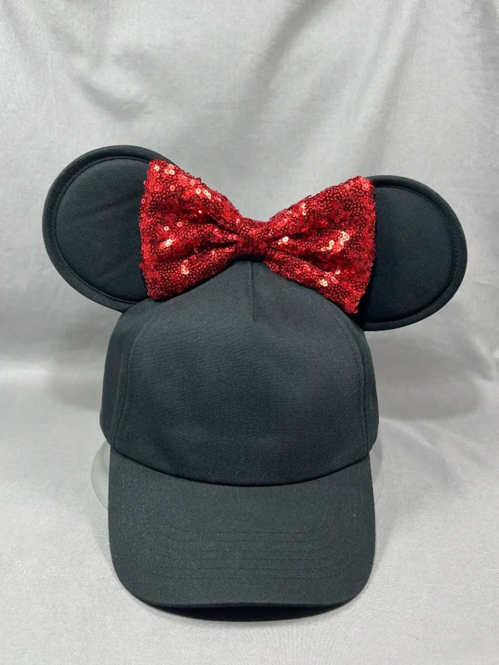 Disney Store Minnie Mouse Ears Hat Black Red Sequin Bow Strapback Adult Ball Cap